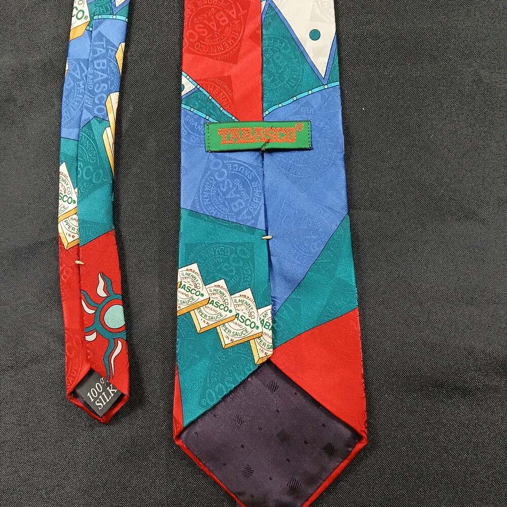 Tabasco 100% Silk Tie Red Blue Teal Geometric Logo Novelty Necktie 58" x 4"